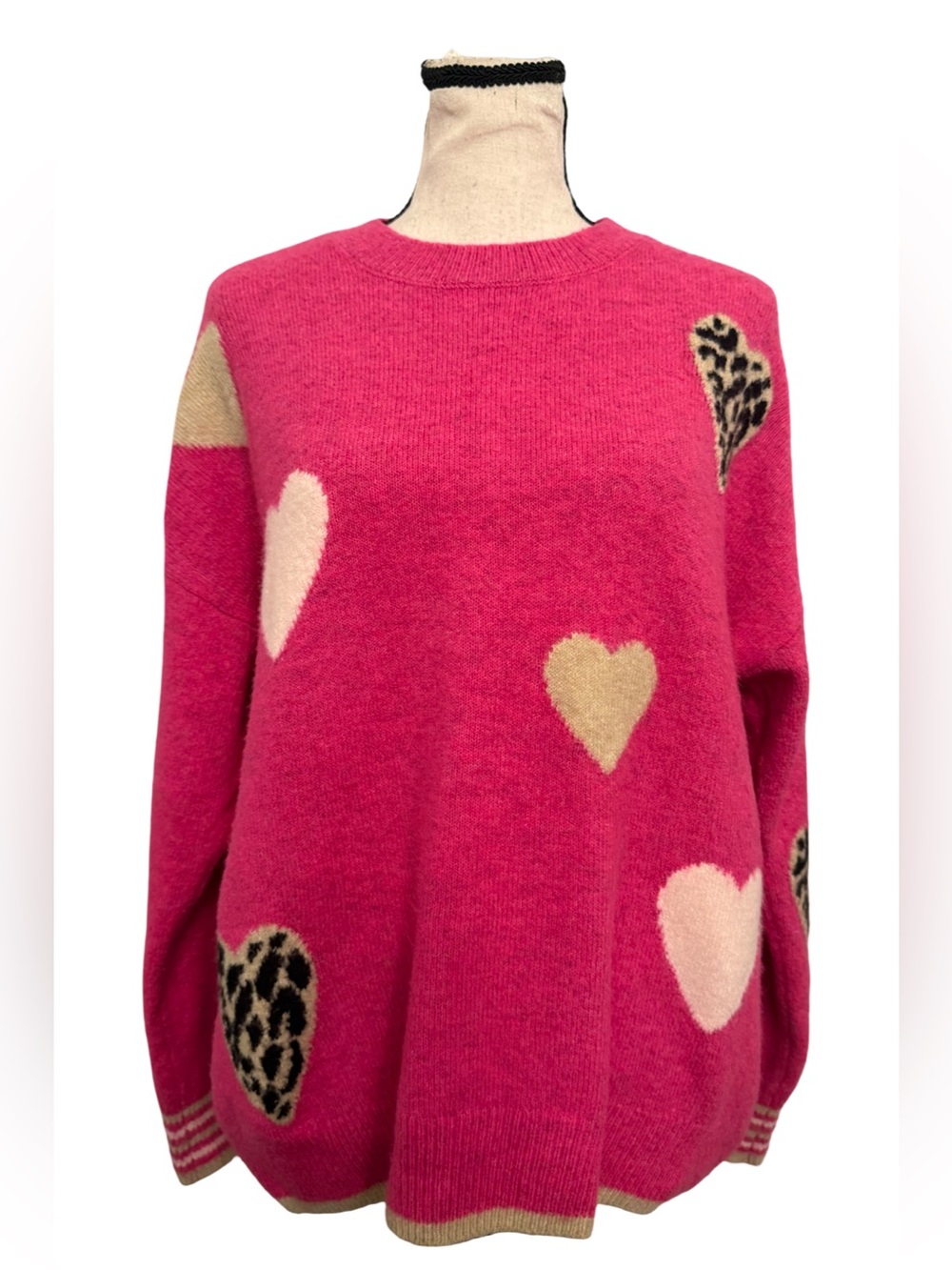 CeCe Pink Heart Print Sweater | Leopard & Heart Motif | Size Small